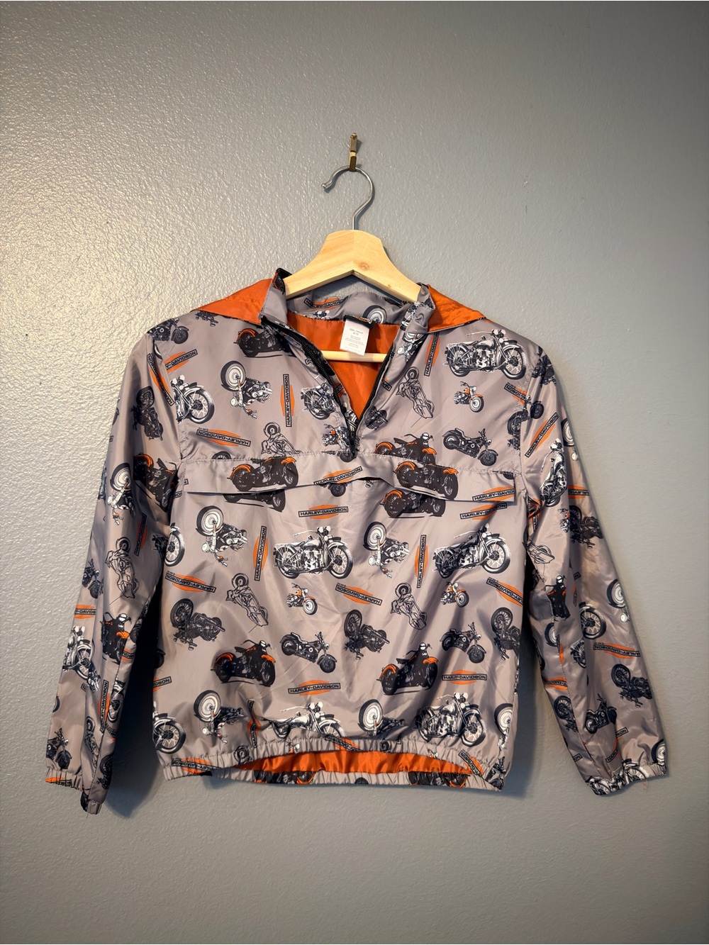 Harley Davidson Kids Gray Motorcycle Print Windbreaker with Orange Lining 8/10